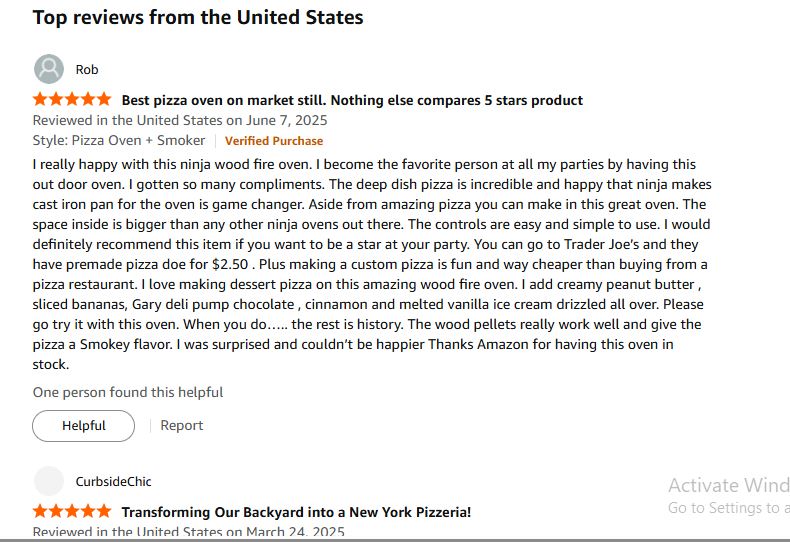 Amazon review on Ninja pizza